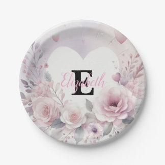Monogram name floral hearts romantic watercolor  paper plate