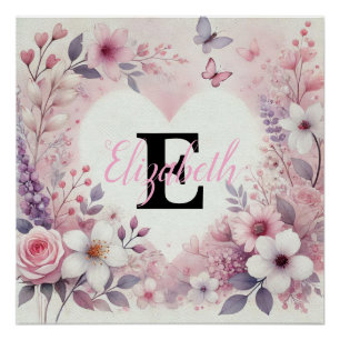 Monogram name floral hearts romantic watercolor poster