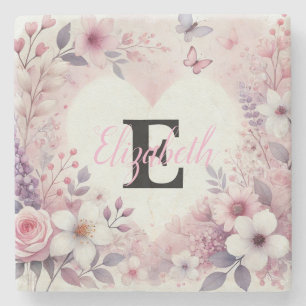Monogram name floral hearts romantic watercolor  stone coaster