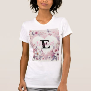Monogram name floral hearts romantic watercolor  T-Shirt