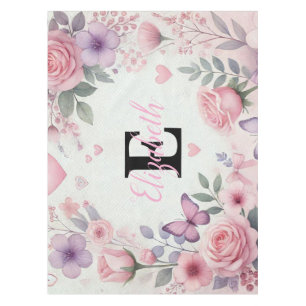 Monogram name floral hearts romantic watercolor tablecloth