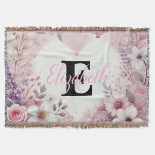 Monogram name floral hearts romantic watercolor throw blanket