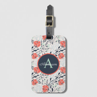 Monogram Name Floral Modern Coral Mint Navy Poppy Luggage Tag