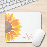 Monogram Name Floral Mouse Mat<br><div class="desc">This floral mouse pad is decorated with a yellow watercolor sunflower.
Customise it with your name and initial.
Because we create our own artwork you won't find this exact image from other designers.
Original Watercolor © Michele Davies.</div>