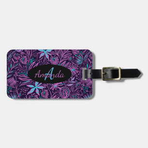 Monogram Name Floral Pink Purple Teal Black Modern Luggage Tag