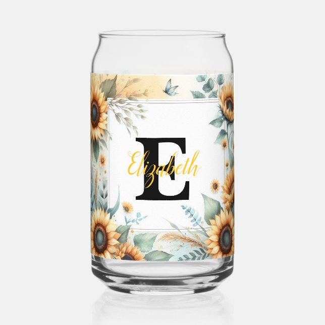 Monogram name floral sunflower pastel watercolor  can glass (Front)