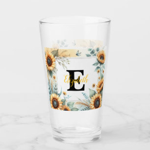 Monogram name floral sunflower pastel watercolor  glass