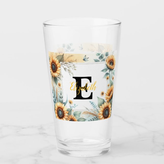 Monogram name floral sunflower pastel watercolor  glass (Front)