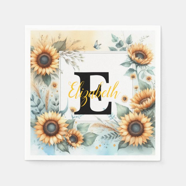 Monogram name floral sunflower pastel watercolor  napkin (Front)