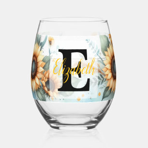 Monogram name floral sunflower pastel watercolor stemless wine glass