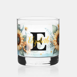 Monogram name floral sunflower pastel watercolor  whiskey glass