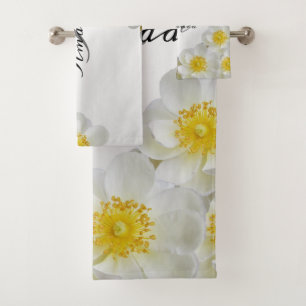 Monogram Name Floral White Silver Elegant Modern Bath Towel Set
