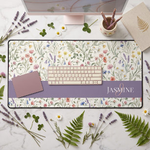 Monogram Name Floral Wildflower Boho Lavender Chic Desk Mat