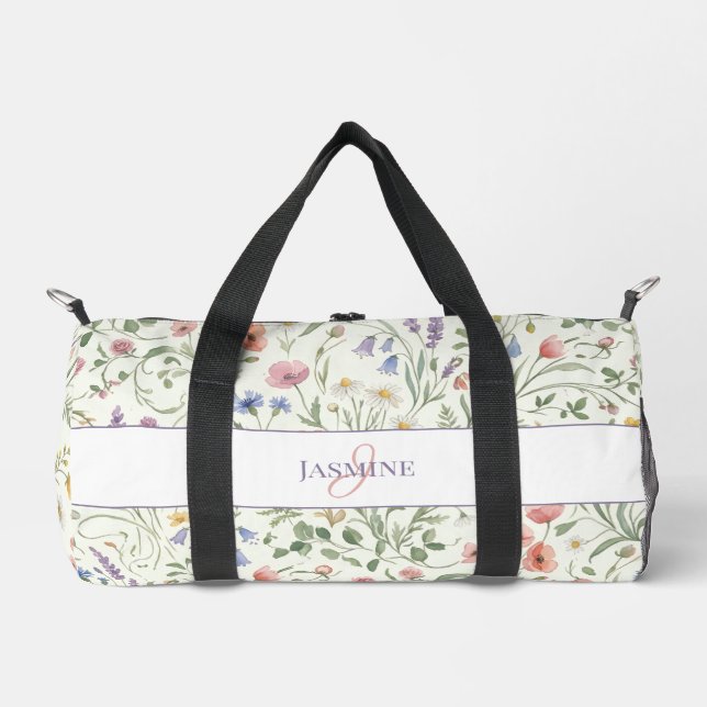 Monogram Name Floral Wildflower Pattern Gym Yoga Duffle Bag (Front)