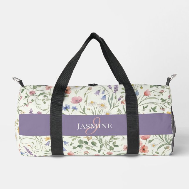 Monogram Name Floral Wildflower Pattern Gym Yoga Duffle Bag (Front)