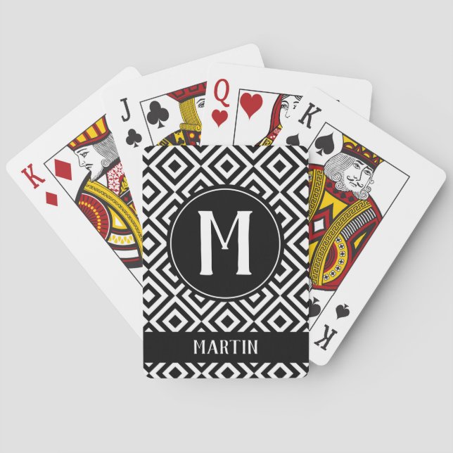 Monogram Name Geometric Black & White Pattern Playing Cards (Back)