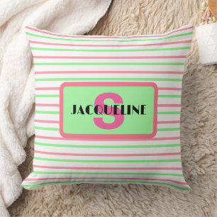Monogram Name Geometric Stripes Pink Green White Cushion