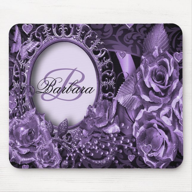 Monogram Name Gift Purple Floral Elegant Modern Mouse Mat (Front)