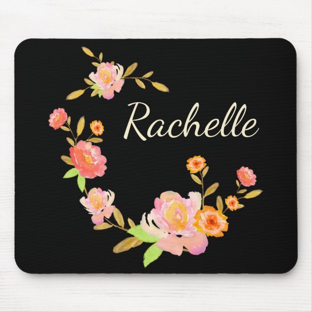 Monogram Name Girly Orange & Pink Floral Mouse Mat (Front)