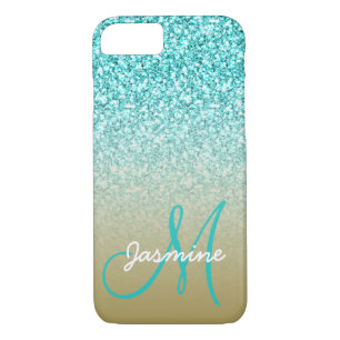 Monogram Name Girly Teal Glitter Gold Ombre iPhone 8/7 Case