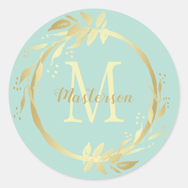 Monogram Name Gold Mint Green Christmas Wreath Classic Round Sticker (Front)