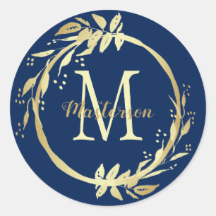 Monogram Name Gold Navy Blue Christmas Wreath Classic Round Sticker
