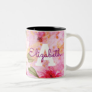 Monogram name gold pink floral vintage watercolor  Two-Tone coffee mug