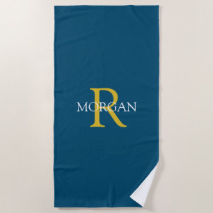 Monogram & Name, Gold & White Text, Ocean Blue Beach Towel