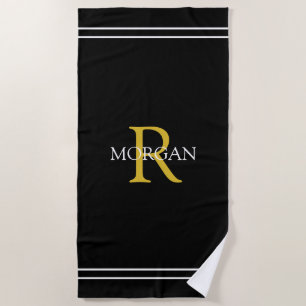 Monogram/Name Gold/Wht Text Wht Stripes, Black Beach Towel