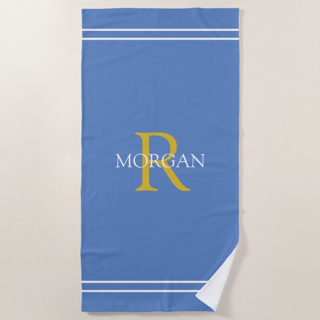 Monogram/Name, Gold/Wht Text, Wht Stripes, Blue Beach Towel (Front)
