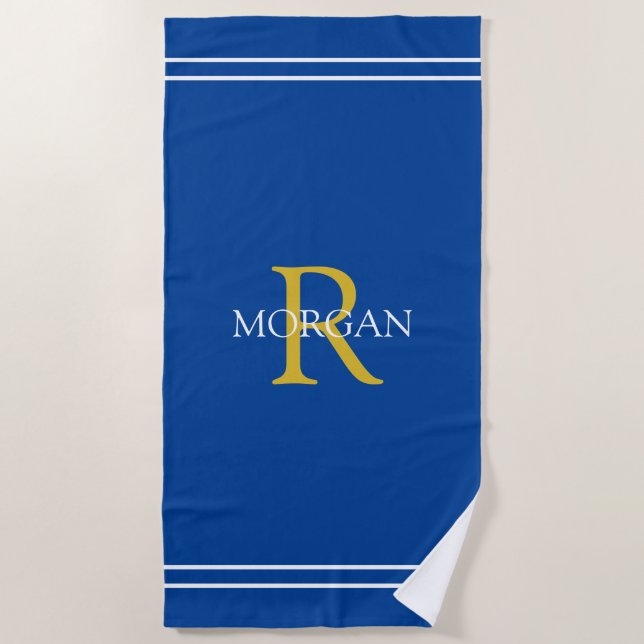 Monogram/Name Gold/Wht Text Wht Stripes, Deep Blue Beach Towel (Front)