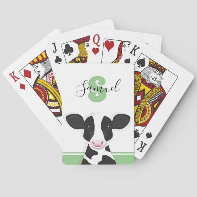 Monogram Name Green Black White Animal Cow Playing Cards (Back)