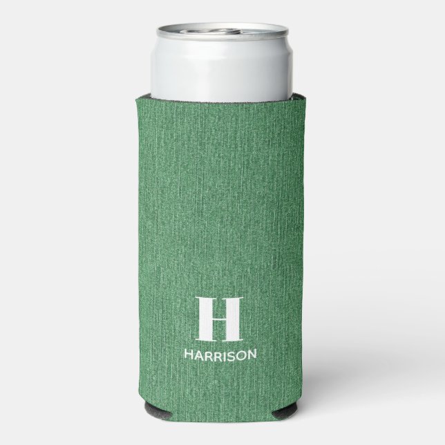 Monogram Name Green Denim Print 12oz Seltzer Can Cooler (Seltzer Back)