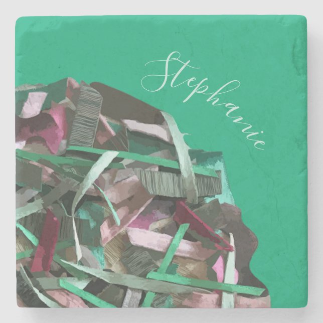 Monogram Name Green Khaki Pink Abstract Stripes Stone Coaster (Front)