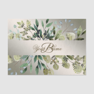 Monogram Name Green Leaves Golden Bronze Elegant Tissue Paper
