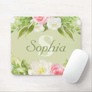 Monogram Name Green Pink Watercolor Floral Mouse Mat