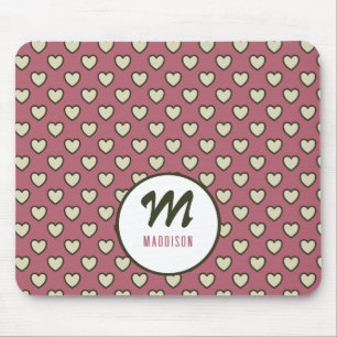 Monogram Name Green Red Hearts Pattern Mouse Pad
