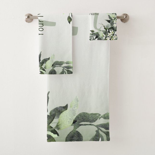Monogram Name Greenery Floral Eucalyptus Leaves Bath Towel Set (Insitu)