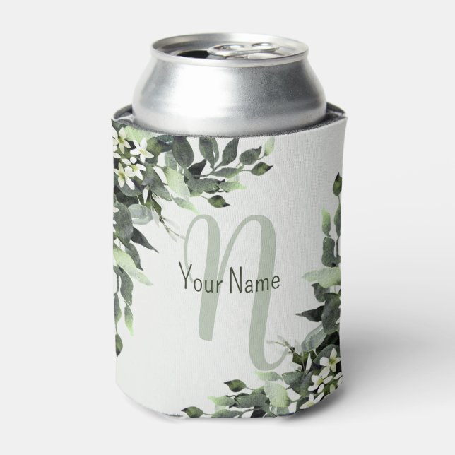 Monogram Name Greenery Floral Eucalyptus Leaves Can Cooler (Can Front)