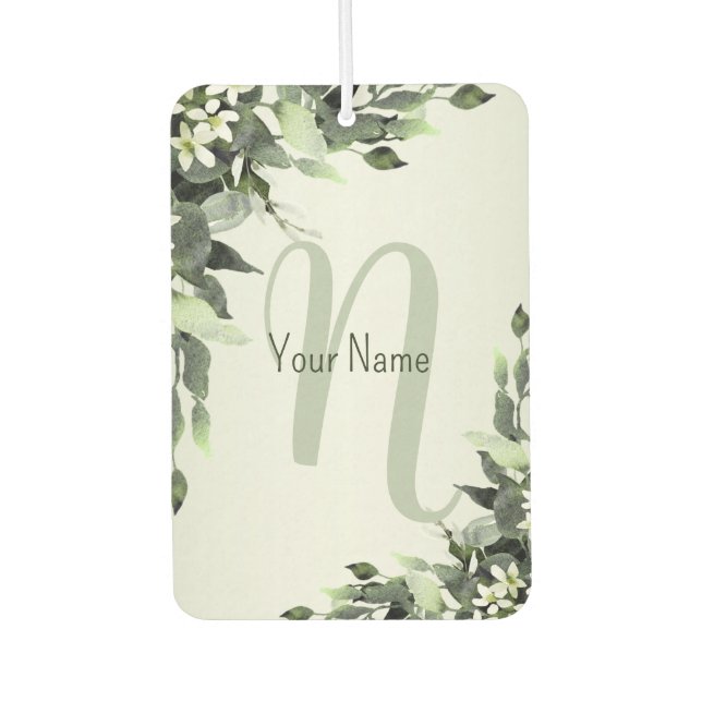 Monogram Name Greenery Floral Eucalyptus Leaves Car Air Freshener (Front)