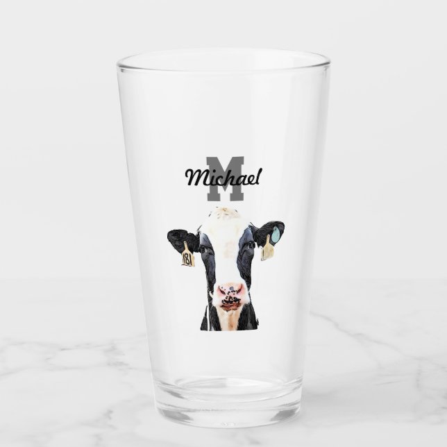 Monogram Name Holstein Cow Dairy Farm Livestock Glass (Front)