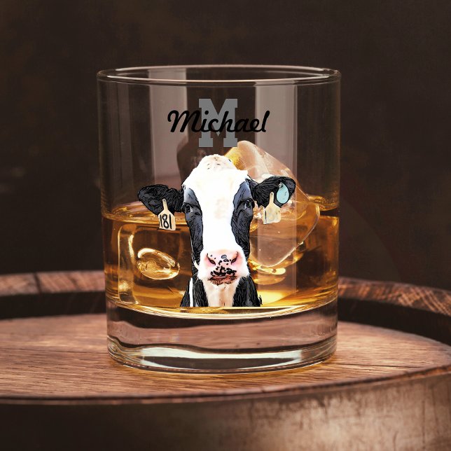 Monogram Name Holstein Cow Dairy Farm Livestock Whiskey Glass (Holstein Cow Monogram Dairy Farming Whiskey Glass Farmer Gift)