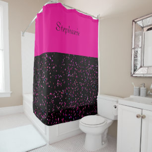 Monogram Name Hot Pink Glitter Patterns Black Shower Curtain