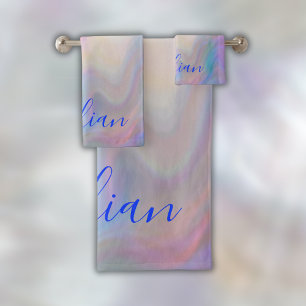 Monogram Name in Blue on Mother Of Pearl    Bath Towel Set
