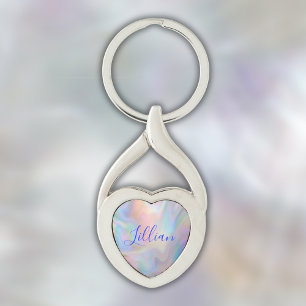 Monogram Name in Blue on Mother Of Pearl    Key Ring