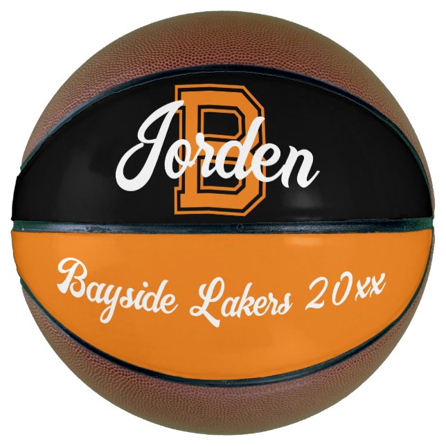 Monogram name, initial and team black orange basketball (Front)
