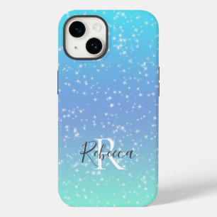 Monogram Name Initial Blue Green Sparkle Girly  Case-Mate iPhone 14 Case