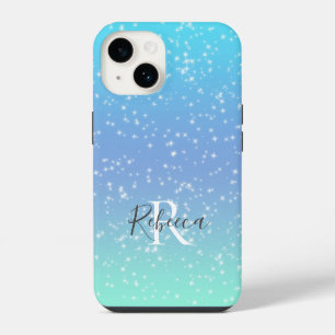 Monogram Name Initial Blue Green Sparkle Girly iPhone 14 Case