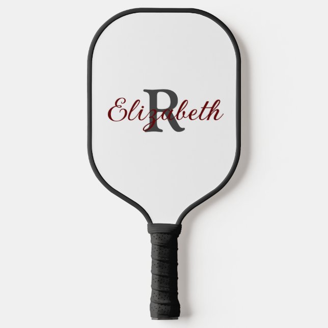 Monogram Name Initial Grey Burgundy Trendy Pickleball Paddle (Front)
