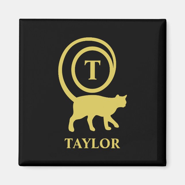 Monogram Name Initial Kitty Cat Lover Black Gold Magnet (Front)